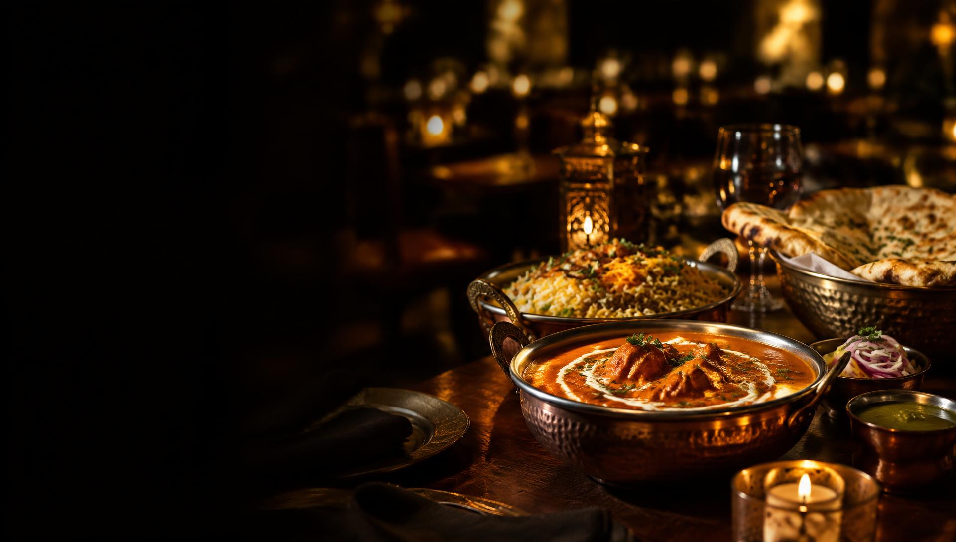 Butter chicken, biryani and naan by candlelight